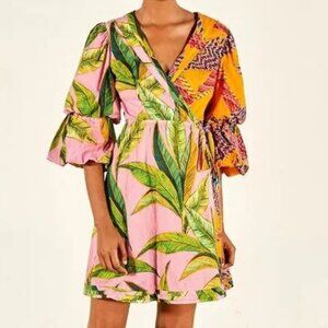 Farm Rio Mixed Prints Mini Wrap Dress Beaded Macaws + Pink Foliage Size Small